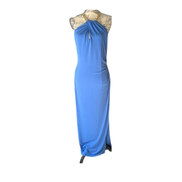 Ralph Lauren Evening Dress Exquisite Blue Halter Chain Neckline True to Size 12 - Picture 3 of 14